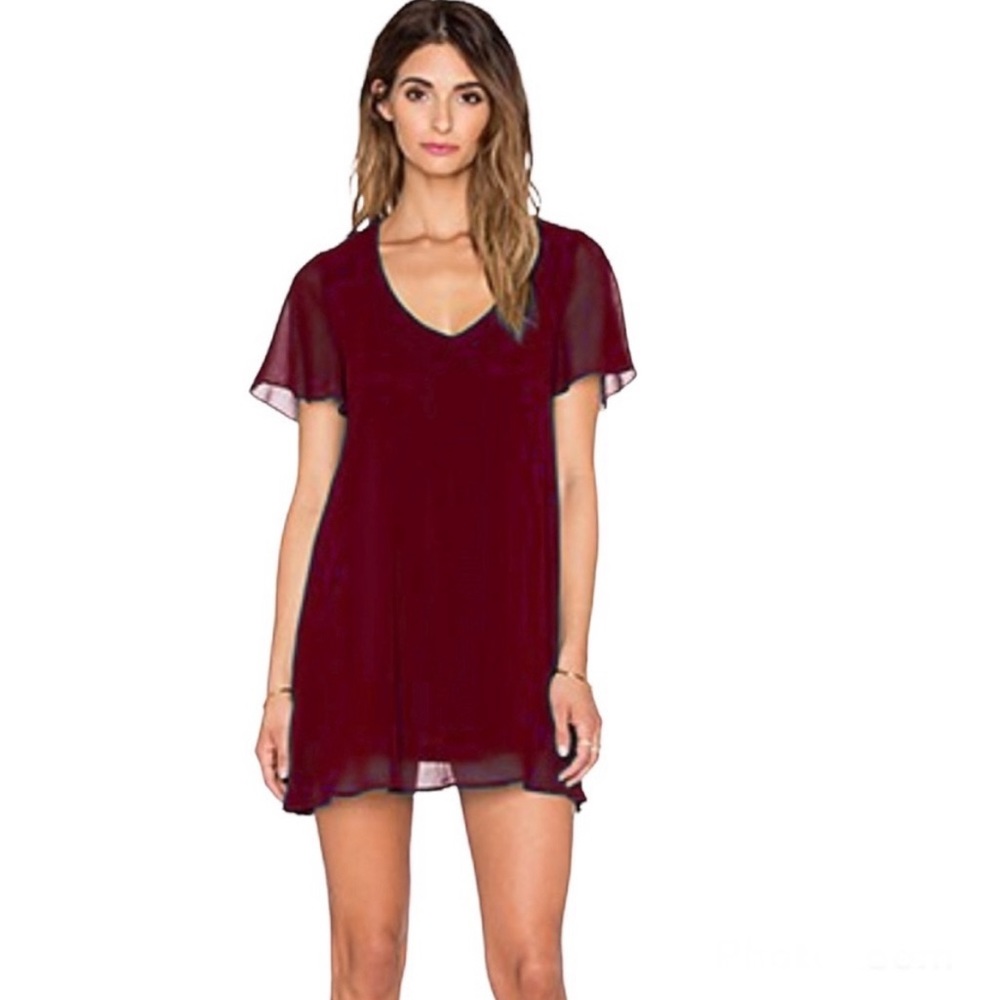 Show Me Your MuMu Kylie Flutter Short Sleeve Mini Shirt Dress Burgundy Boho S